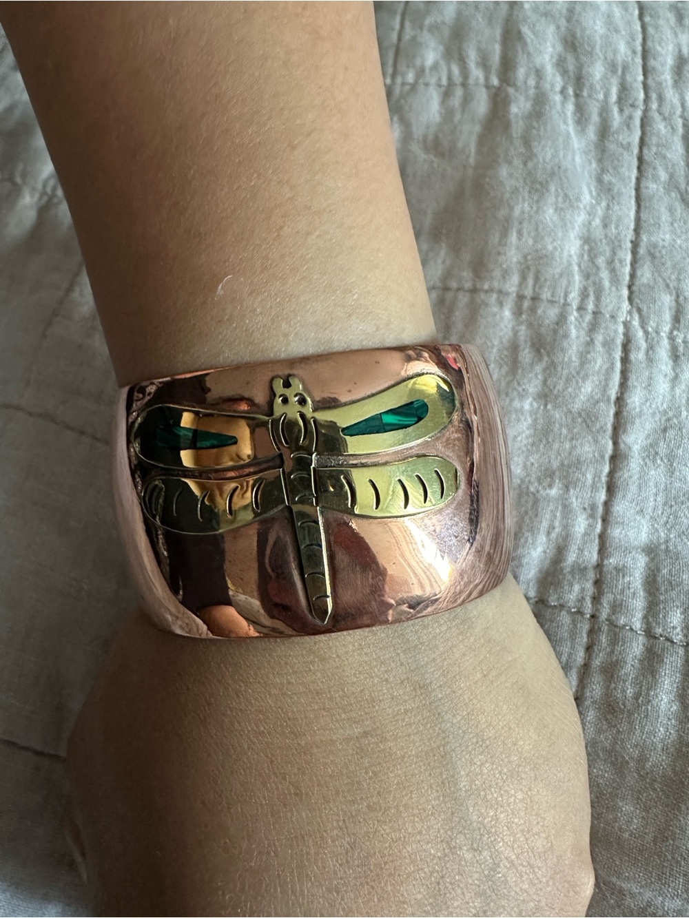 Copper-tone Dragonfly Cuff Bracelet with Green Inlay